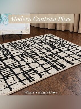 Abstract Black White Accent Rug 48x27 Modern Minimal Statement NWOT